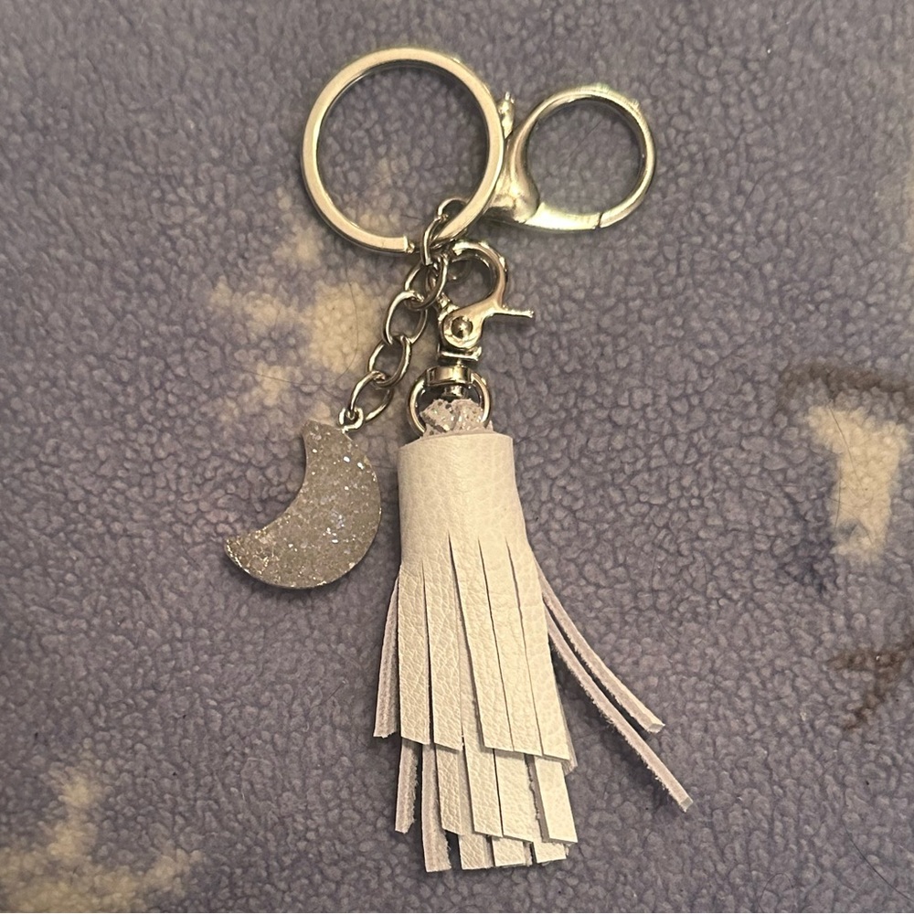 Druzy crescent moon white leather tassel purse charm keychain
